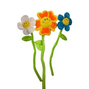 Gund Canadiana Plush Smiling Flowers Trio – White, Orange, and Blue